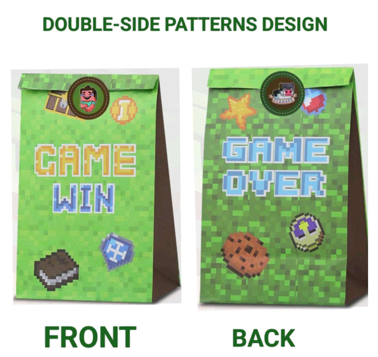 24 PCS Pixel Miner Party Favor Bags Pixel Themed Treat Goodie Bags for Birthday Party Supplies, Boys and Girls Pixelated Video Game Gift Candy Goody Bags for Mine Party or Birthday Party Decorations