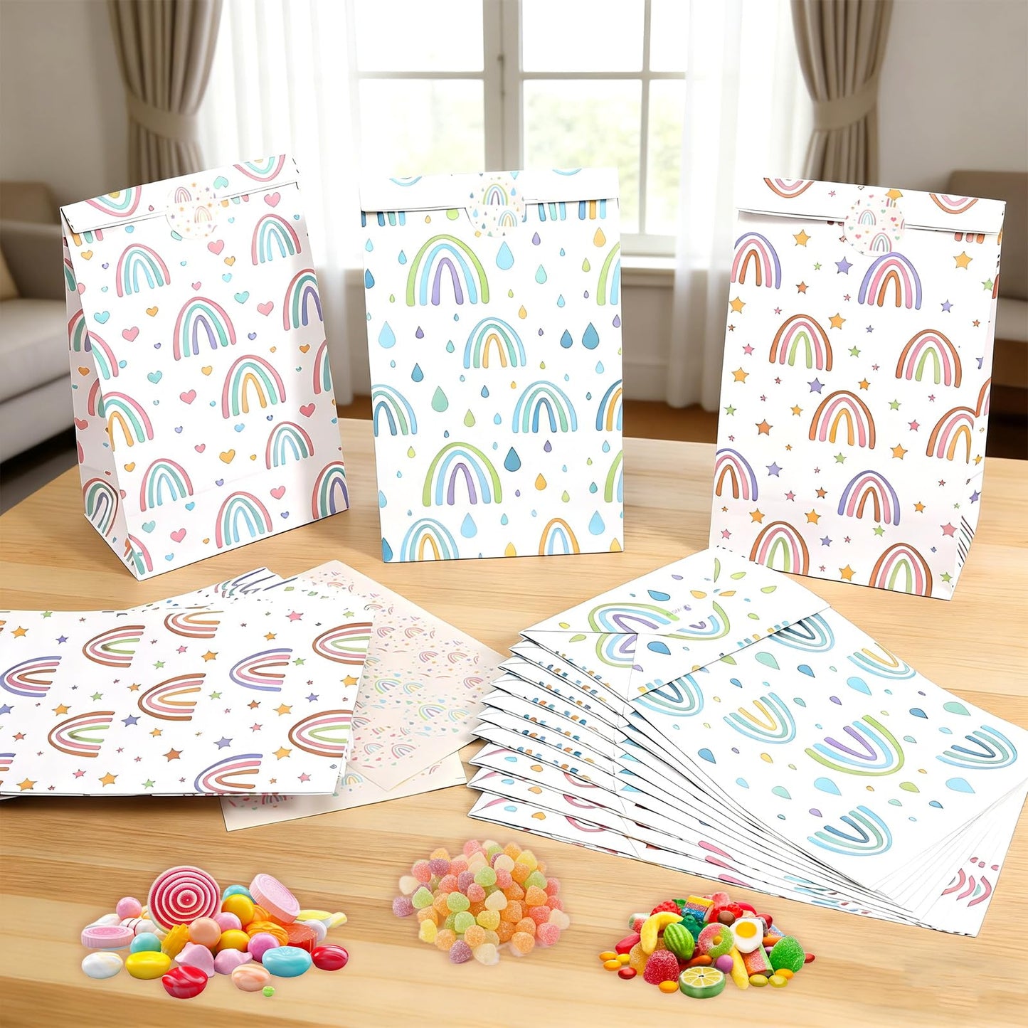 Nukssi 24pcs Rainbow Gift Bags With Stickers, Cute Paper Gift Bags Small Size 8.7x5.1x3.1 Party Favors Bags Bulk Mini Tiny Goody Bag for Wedding Rainbow Kids Girl Birthday
