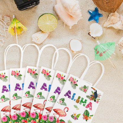 Hxezoc 12 Pieces Hawaiian Gift Bags with Handle, Paper Treat Luau Candy Bag Summer Tropical Palm Leaf Favor Bags for Hawaiian Theme Festival Luau Holiday Party Decoration Supplies
