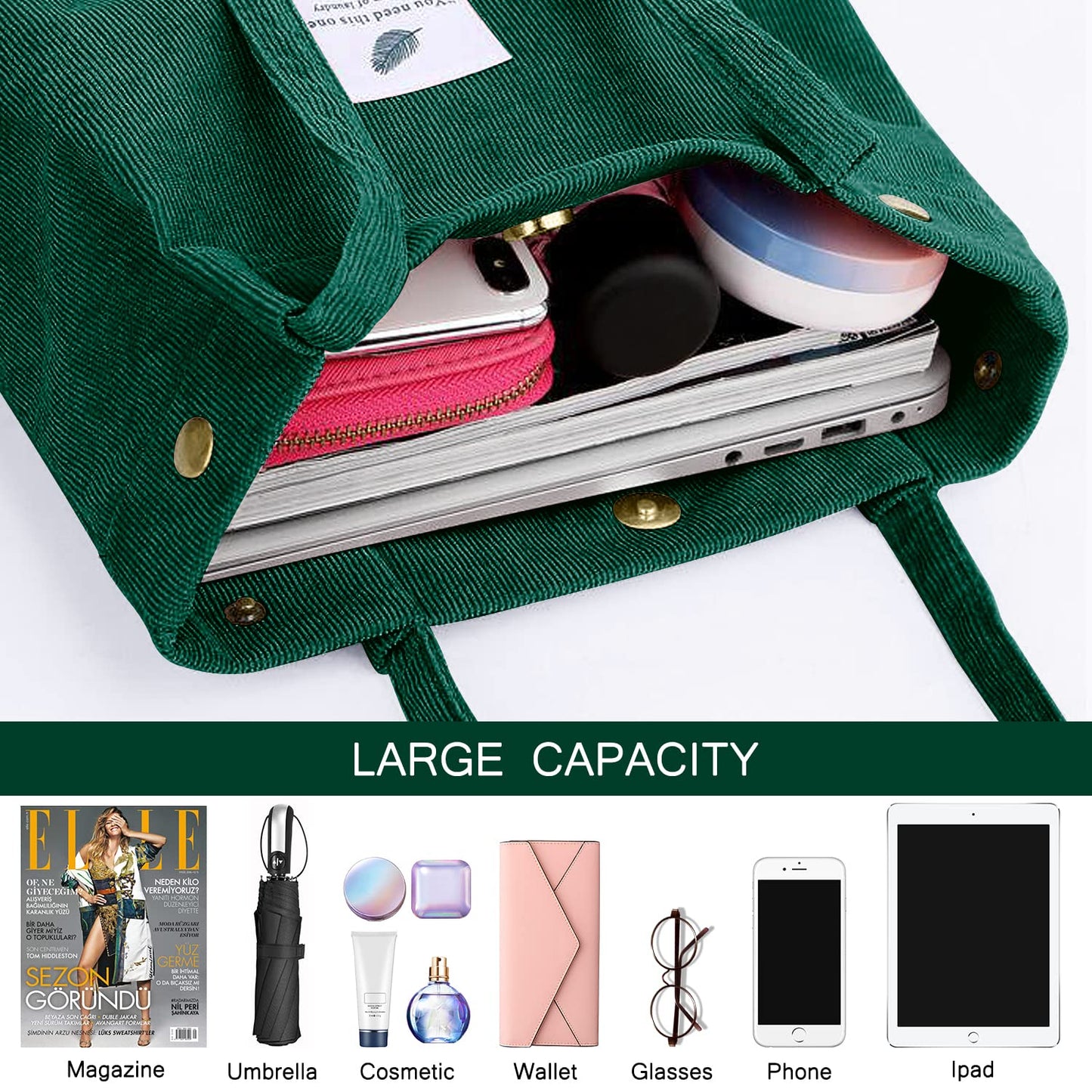 Ayieyill Corduroy Tote Bag for Women Canvas Shoulder Cord Purse with Inner Pocket