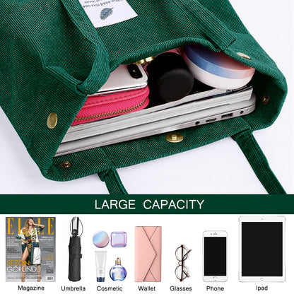 Ayieyill Corduroy Tote Bag for Women Canvas Shoulder Cord Purse with Inner Pocket