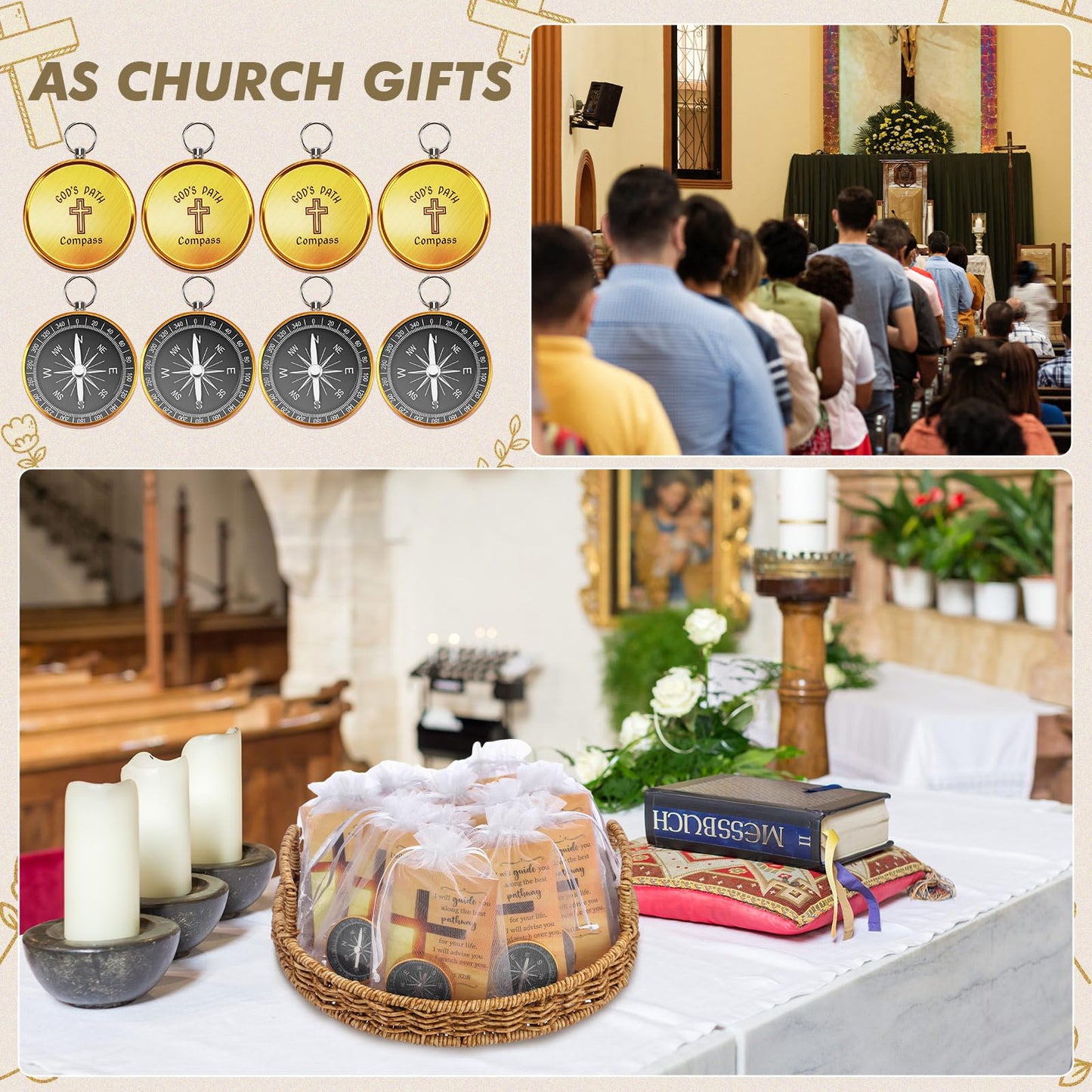 Relaxweex 24 Set Mini Christian Compass Christian Gift for Men Compass with Cards and White Drawstring Organza Bag Bible Scripture Cards Religious Gifts for Men Graduation Gift Wedding