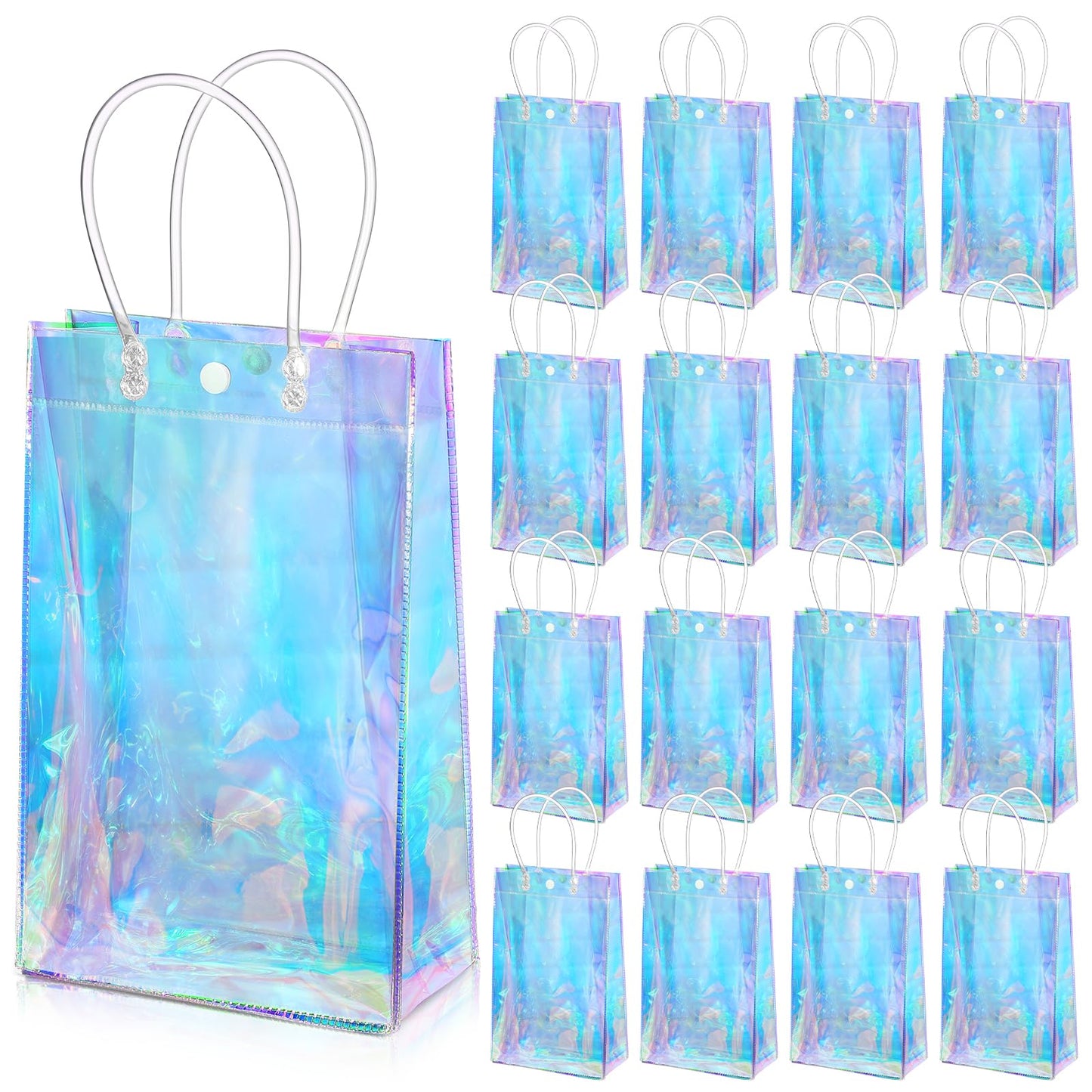 Sherr 16 Pcs Holographic Small Gift Bag Reusable Iridescent Clear Bags for Women PVC Plastic Goodie Holder with Handles for Shopping Christmas Holiday Party Favor(6.3" x 9.84" x 3.15",Rainbow)