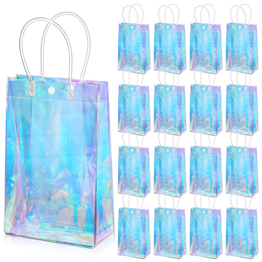 Sherr 16 Pcs Holographic Small Gift Bag Reusable Iridescent Clear Bags for Women PVC Plastic Goodie Holder with Handles for Shopping Christmas Holiday Party Favor(6.3" x 9.84" x 3.15",Rainbow)