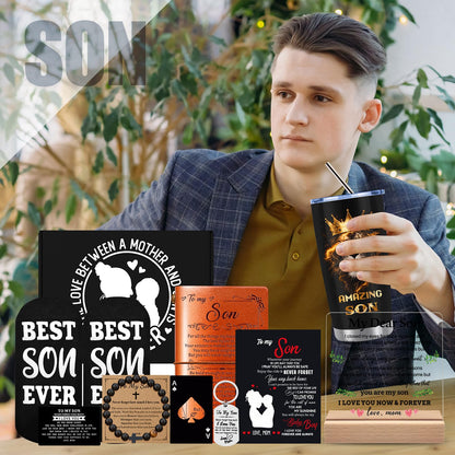 10 PCS Son Gifts from Mom with 20 Oz Tumbler, Leather Journal, Acrylic Desk Plaque Sign, Socks, Bracelet, Birthday Graduation Father's Day Christmas Valentines Day Gifts for Teens Adult Grown Son