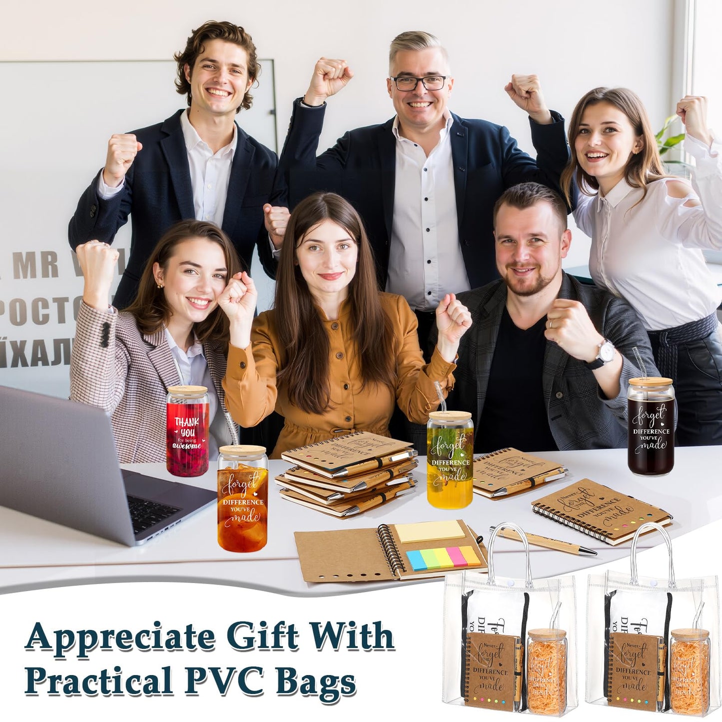 60 Pcs Employee Appreciation Gifts Bulk Never Forget Notebook Gift Bag Glass Cup Makeup Bag Bamboo Pen for Graduation Teacher Father Day Office Staff