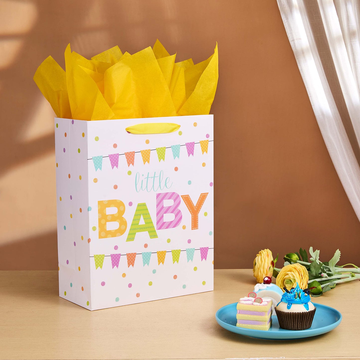 SUNCOLOR Large Gift Bag for Baby Shower with Tissue Paper, White Paper Bag with Colorful Banner Design, 13x10.2x4.7 Inches, Includes Card and Yellow Tissue Paper
