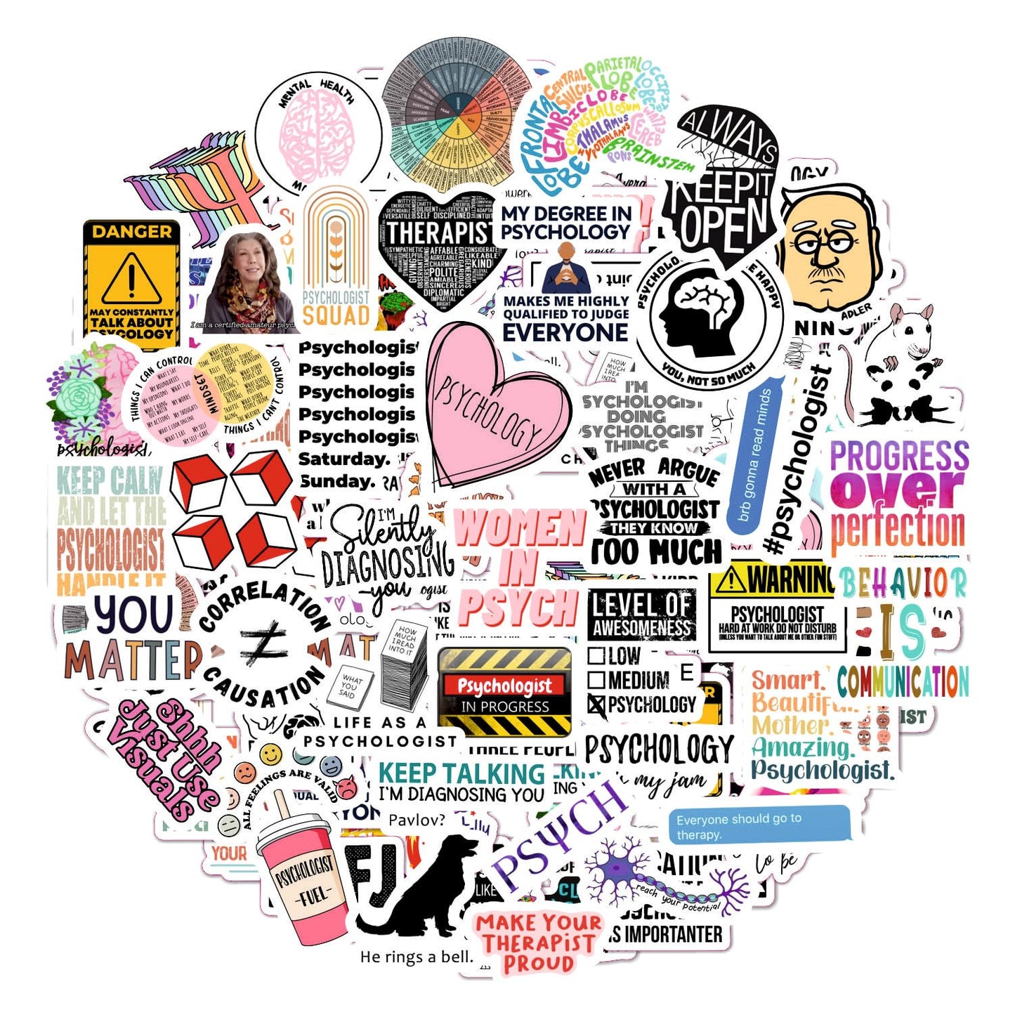 BulbaCraft Psychology Stickers (100Pcs), Funny Vinyl Decals for Laptop, Therapy Gifts, Psychologist Stickers for Women & Men, Waterproof, Reusable