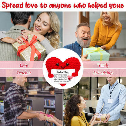HyDren 12 Pcs Crochet Pocket Hug Heart Gifts with Inspirational Cards Handmade Heart Plush Bulk for Teacher Appreciation Graduation Friendship Encouragement Support Gifts