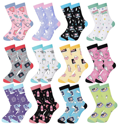 Glitopper 12 Pairs Sonographer Socks Set Fun Ultrasound Tech Gift with Fun Medical Theme Designs Stretchy Socks for Radiology Nurses Doctors Medical Professionals
