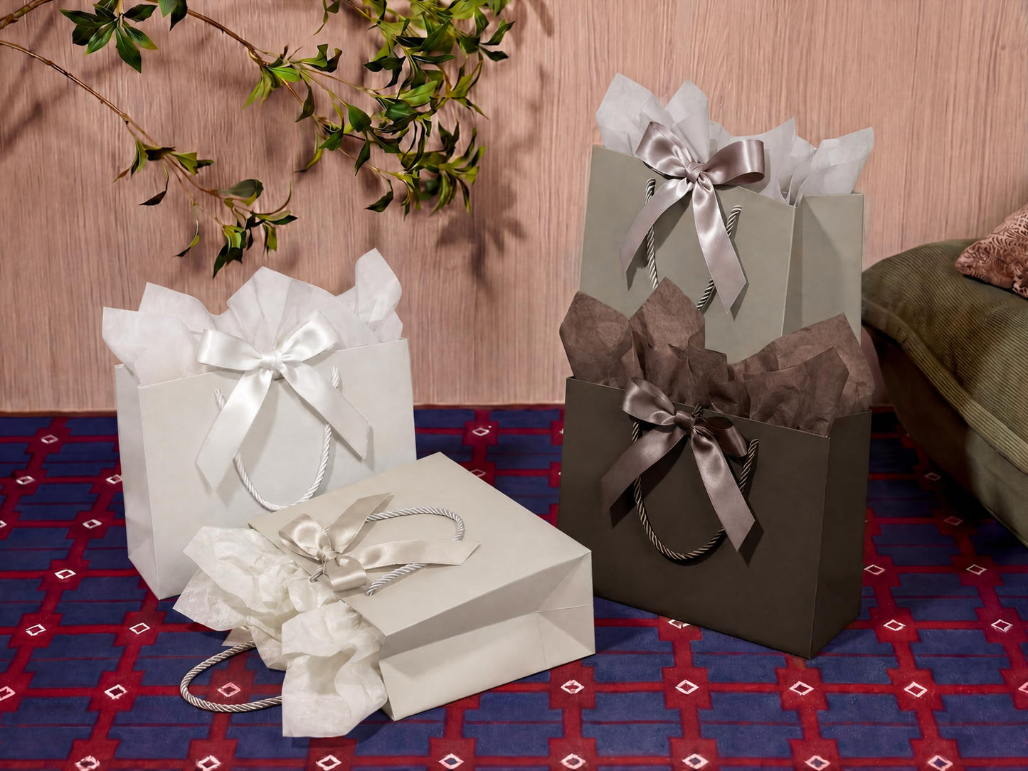 Paper Gift Bags with Tissue Paper & Ribbon Bows Set of 4, Large Gift Bags 12.9" x 10" x 5", Reusable Extra Thick Cardstock for Birthday, Wedding, Baby Shower & Holiday Gifts