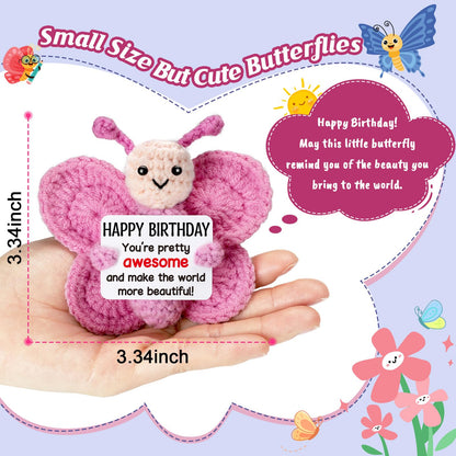 Pink Crochet Butterfly Birthday Gift for Her, Handmade 4" Amigurumi Plush with Positive Sign, Cute Desk Decor, Small Stuffed Butterfly