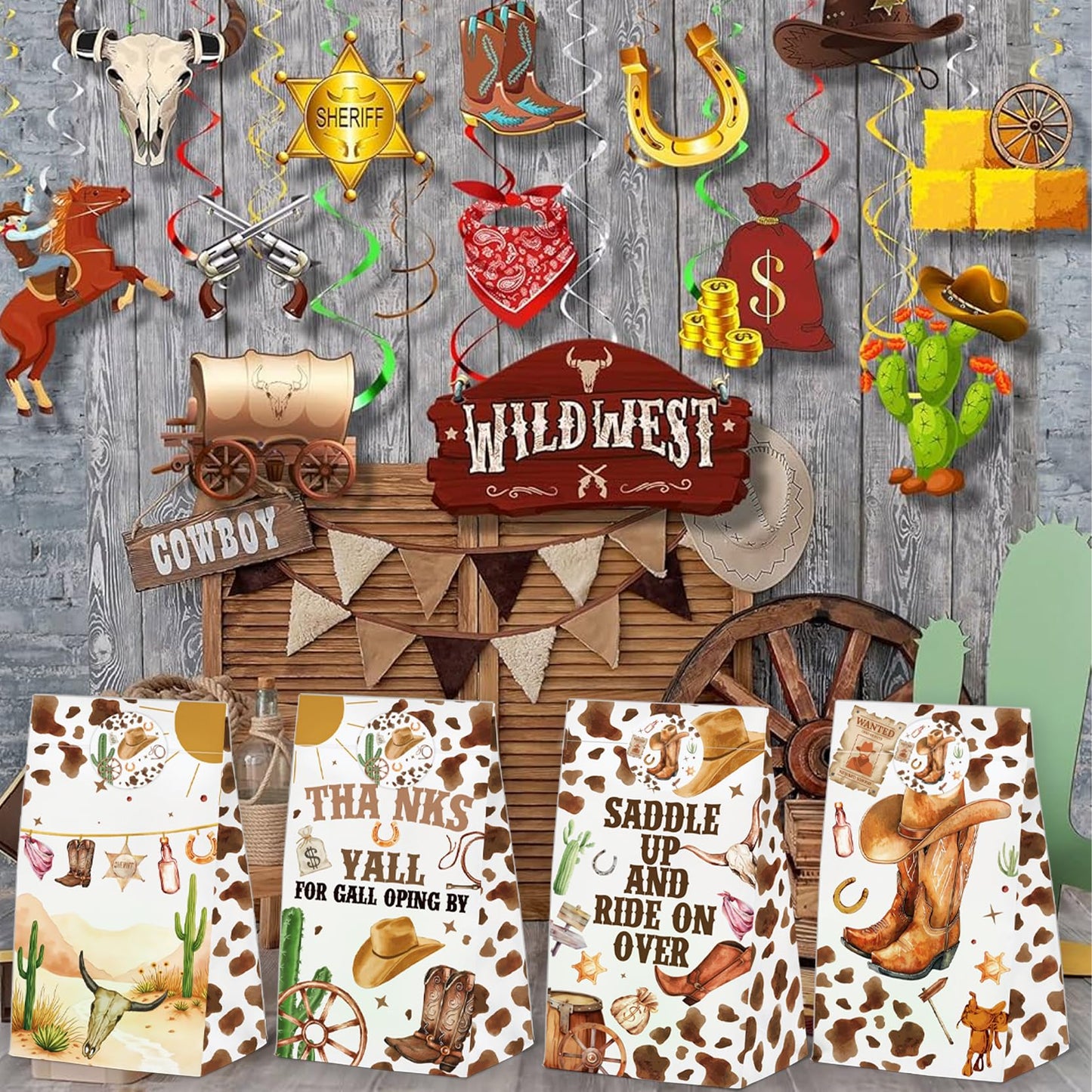 24 Pcs Western Cowboy Goodie Bags with Stickers,Western Cowboy Themed Birthday Favor Bags,Wild West Party Favor for Party Decoration Supplies