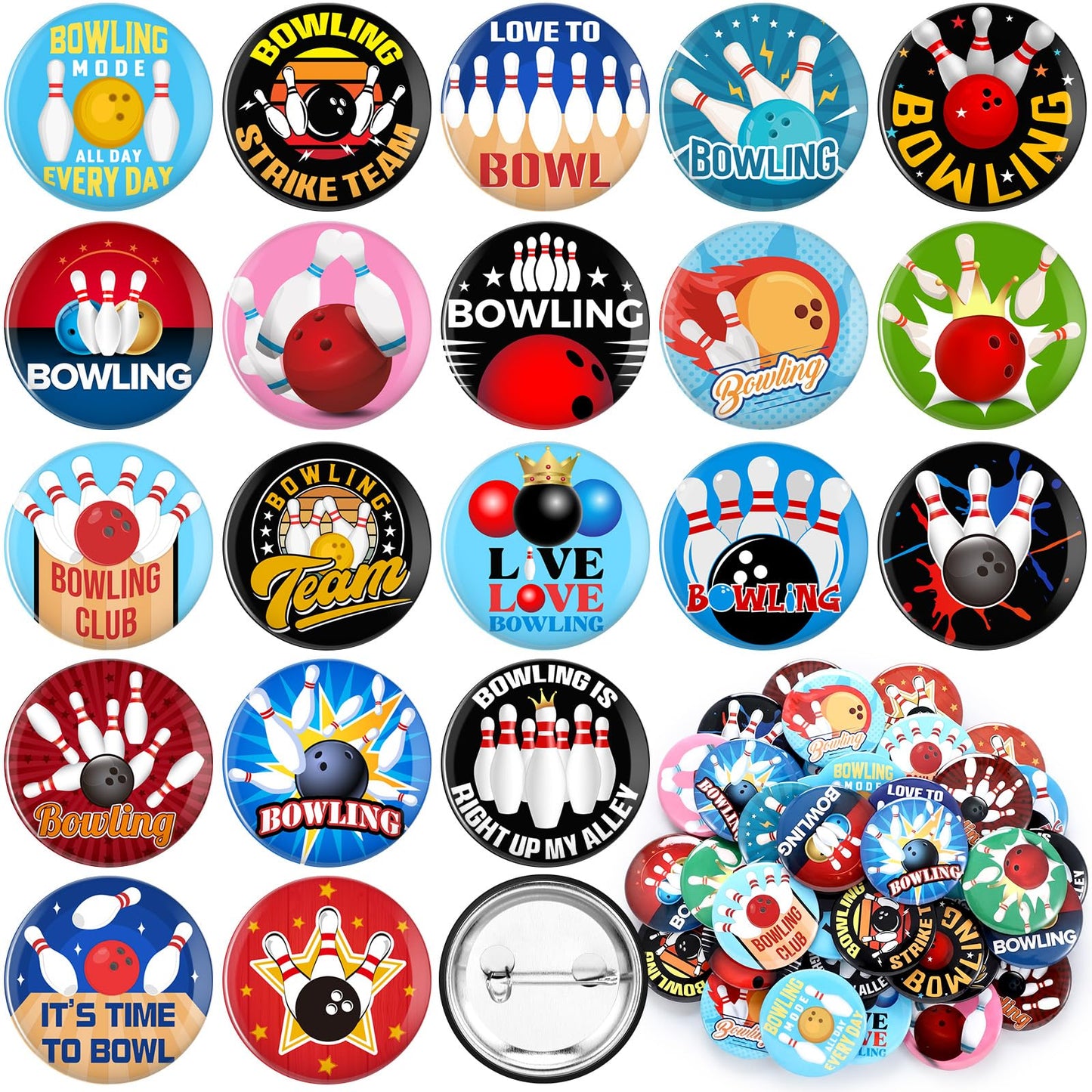 Huquary 80 Pcs Bowling Buttons Pins Funny Sport Graduation Gifts Brooch Lapel Pins for Jacket Backpacks Tote Bags Hats Bowling Lovers Souvenirs Accessories Gifts for Team Awards Prizes Women Men