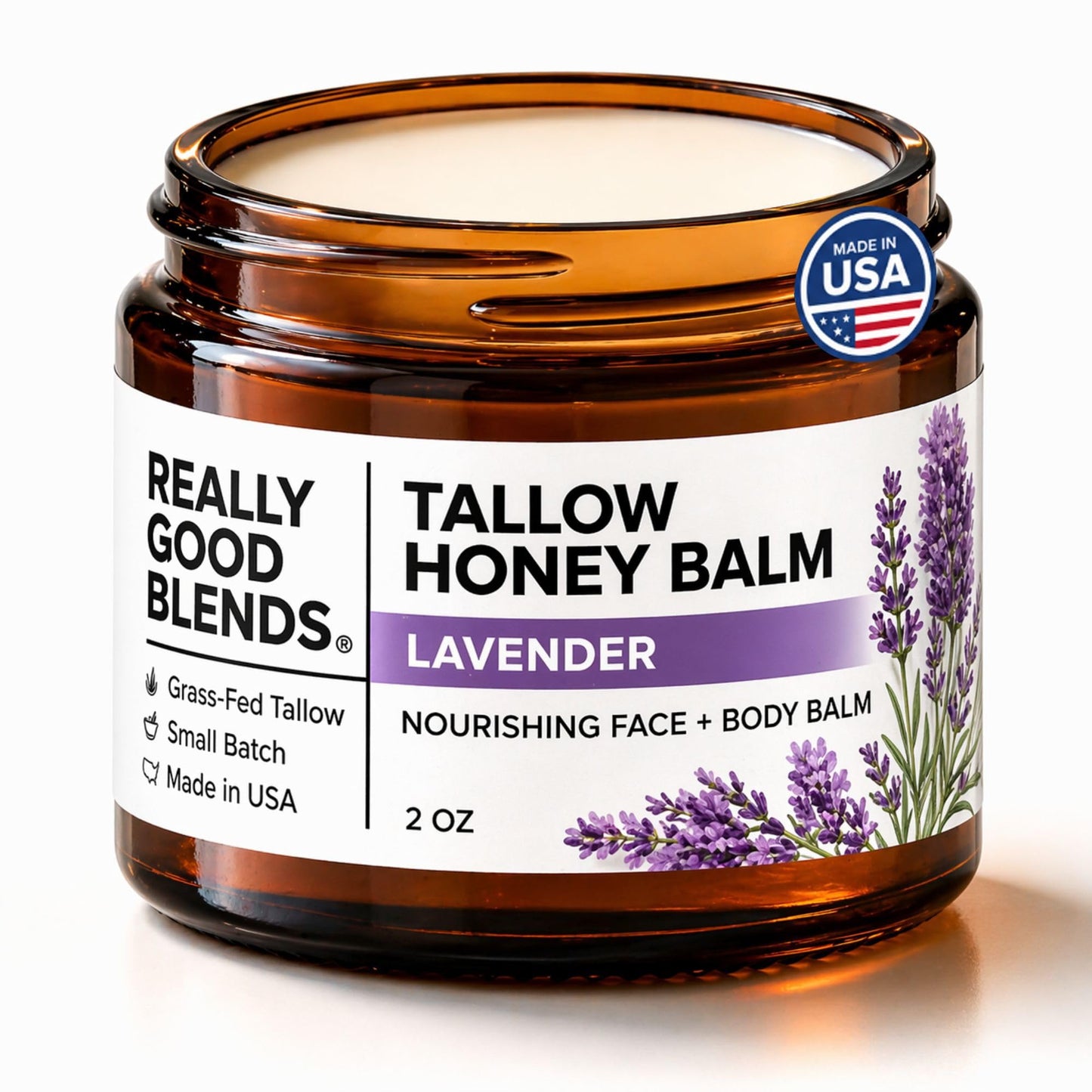 Really Good Blends - Tallow Honey Balm, Organic Body Butter, Grass-Fed Beef Tallow for Skin, Soothing All-Natural Moisturizer for Body and Face | Made in USA - 2 oz (Lavender)