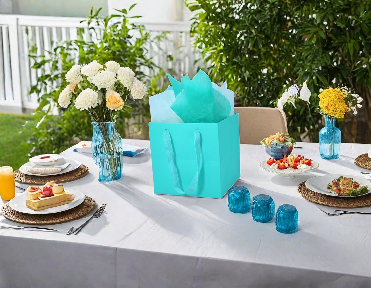 JUNESHE 2 Pack Medium Square Gift Bags with Handles & Tissue Paper, 7.87 inch Blue Paper Bag for Birthday Party Favors Baby Bridal Shower Presents Wedding Anniversary