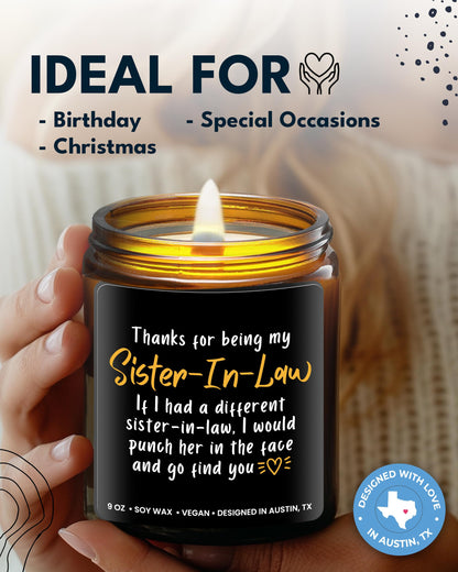 Funny Sister-in-Law Candle, Unique Sister in Law Birthday Gifts, Best Bonus Sister Presents, Thoughtful Gift for Her, Ideal for Christmas, Gift-Ready
