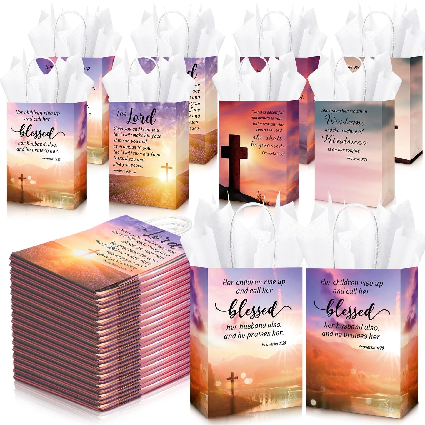 Moinchore 50 Sets Fathers Day Christian Gifts Bags Bulk with Tissue Religious Bible Verse Church Baptism Paper Gifts Bags for Men Women with Handle for Church Welcome Visitors, 4 Styles