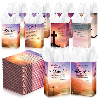 Moinchore 50 Sets Fathers Day Christian Gifts Bags Bulk with Tissue Religious Bible Verse Church Baptism Paper Gifts Bags for Men Women with Handle for Church Welcome Visitors, 4 Styles