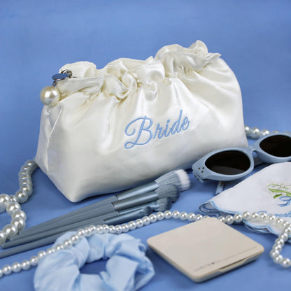 Embroidered Bride Cosmetic Bag| Creamy White Satin Something Blue Silk Makeup Bag Bling Pearl Bride To Be Purse for Bridal Shower Bachelorette Party Women Wedding Engagement Gift