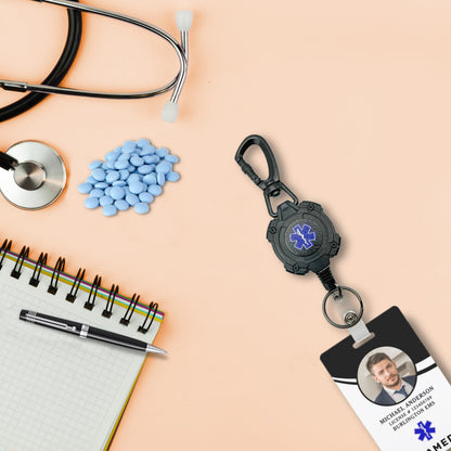 EMS, EMT, Paramedic/Medic Heavy Duty Medical Badge Reel Star of Life. 360° Swivel Carabiner Clip. 32.5” Steel Cable/Rope with Key Ring & ID Strap. 8 oz Weight