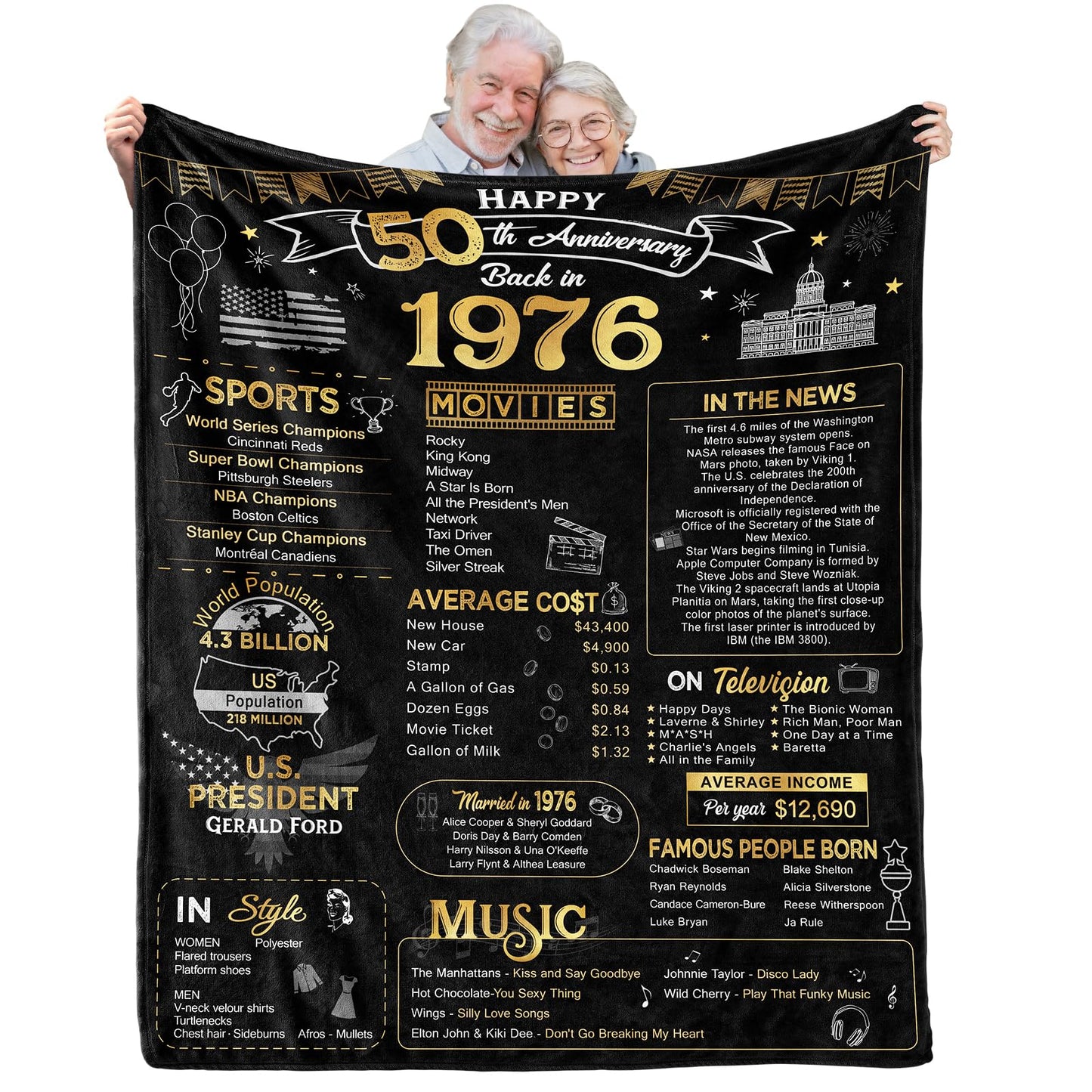 50th Anniversary Wedding Blanket Gifts Gift for 50th Wedding Anniversary Golden 50 Years of Marriage Gifts for Couple Wife Husband Dad Mom Parents Back in 1976 Blanket 60Lx50W