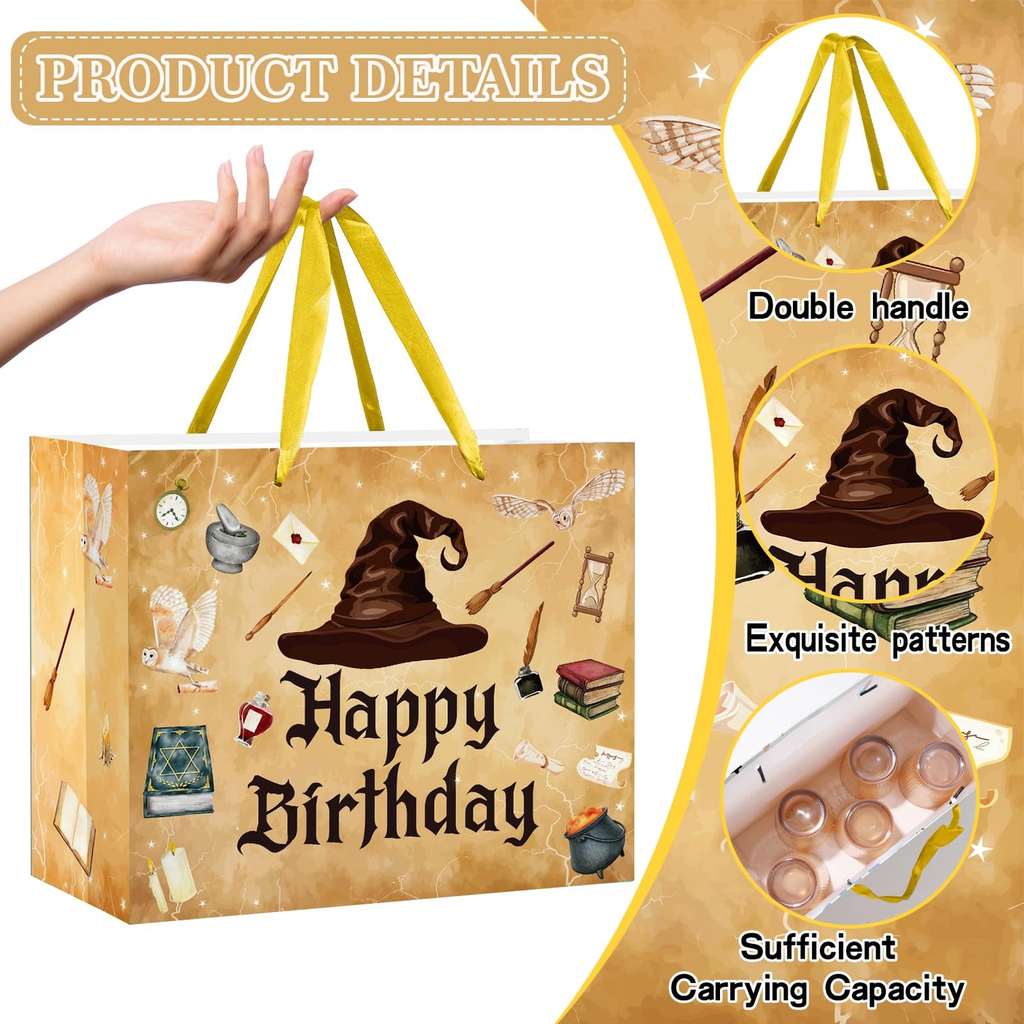 aqwithaj Large Wizard Birthday Gift Bag with Tissue Paper and Card Magical Hat Birthday Party Favor Bags Wizard School Gift Wrapping Paper Bag for Girls Boys Bday Halloween Party Decorations Supplies