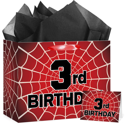 MOORIIY Spider 3rd Birthday Gift Bag with Card and Wrapping Paper, Spider 3rd Birthday Wrapping Paper Bag for Boys Red Black 3 Years Old Spider Web Bdy Decorations Supplies 11.8 x 9.4 x 5.3 inches