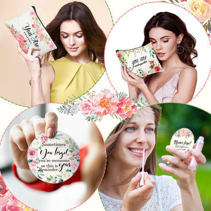 Kacctyen 20 Pcs Floral Inspirational Gifts Canvas Cosmetic Bags Compact Mirrors Makeup Bags Thank You Travel Toiletry Pouch Bulk Mothers Day Gift for Church Mom Women Teacher Coworker Employee