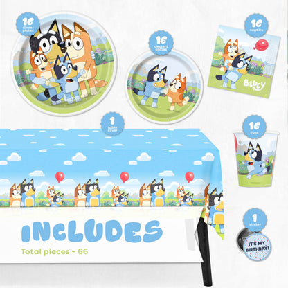 Unique Bluey Birthday Party Supplies and Decorations - Bluey Tablecover, Plates, Cups, Napkins, Button