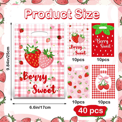 40Pcs Strawberry Goodie Bags,9.8x6.6Inch Red Plastic Strawberry Candy Party Favor Bags with Handles,Pink Bow Berry Sweet Gift Bags for Birthday,Baby Shower,Summer Themed Party Wedding Decor Supplies(40)