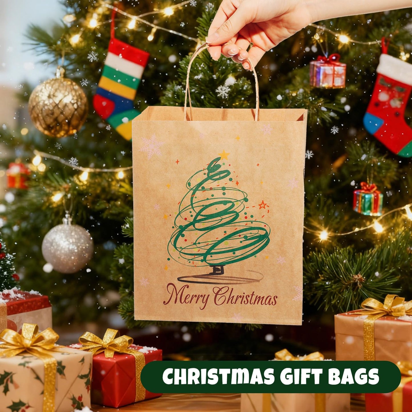 SUNEE Christmas Gift Bags, 24 Pack Christmas Bags for Gifts with Handles, 6 Assorted Kraft Paper Gift Bags Bulk with Xmas Tree, Santa Claus, Candy Designs, 7.28*3.15*8.7 Goodie Bags for Kids, Small Size