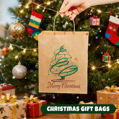 SUNEE Christmas Gift Bags, 24 Pack Christmas Bags for Gifts with Handles, 6 Assorted Kraft Paper Gift Bags Bulk with Xmas Tree, Santa Claus, Candy Designs, 7.28*3.15*8.7 Goodie Bags for Kids, Small Size
