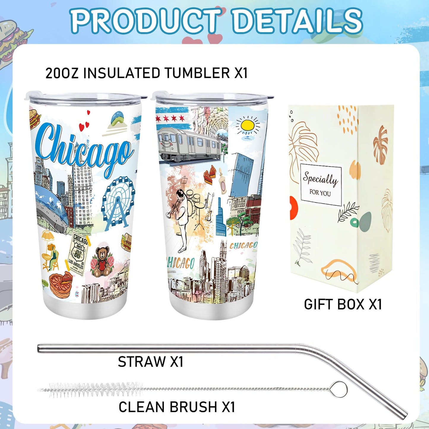 Keluna Chicago Souvenirs Gifts Tumbler - 20Oz Stainless Steel Chicago Travel Mug with Lids Straw Brush Insulated, City Travel Trip Birthday Christmas Mother's Day Gifts for Friends Familes Coworkers