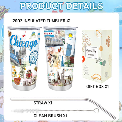 Keluna Chicago Souvenirs Gifts Tumbler - 20Oz Stainless Steel Chicago Travel Mug with Lids Straw Brush Insulated, City Travel Trip Birthday Christmas Mother's Day Gifts for Friends Familes Coworkers