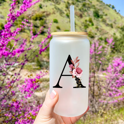 Personalized Gifts for Women, Monogrammed Frosted Glass Tumbler with Straw and Lid, Cute Customized Mug, Custom Initial Iced Coffee Glasses, Customizable Drinking Cup, Birthday Teacher Woman, S