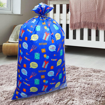 Plauthus 56” Jumbo Plastic Gift Bag, Extra Lager Birthday Gift Bag for Giant Gift (Patterns of Gift Boxes and Greeting Words) for Kids, Boys Teens Birthday (Boy-Blue)