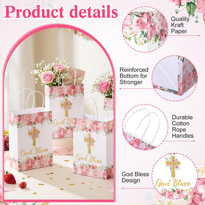 Marspark 24 Pcs Baptism Gift Bags for Guests First Communions Cross Floral Paper Gift Bags with Handles God Bless Religious Treat Paper Christian Party Supplies for Christenings Baptism Wedding