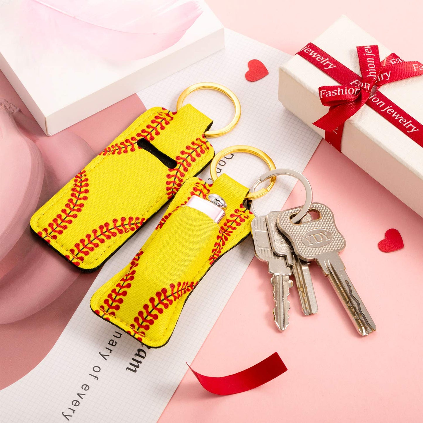 Patelai 20 Pcs Softball Lipstick Holder Keychain Lip Balm Lip Gloss Holder Clip-on Sleeve Pouch Gift for Team Women Travel(Yellow)