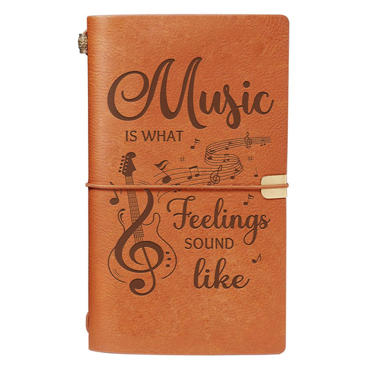 Music Lover Gifts for Women Men, Leather Journal Notebook with “Music Is What Feelings Sound Like” Quote, Refillable Leather Writing Journal for Musicians,Teacher, Songwriters