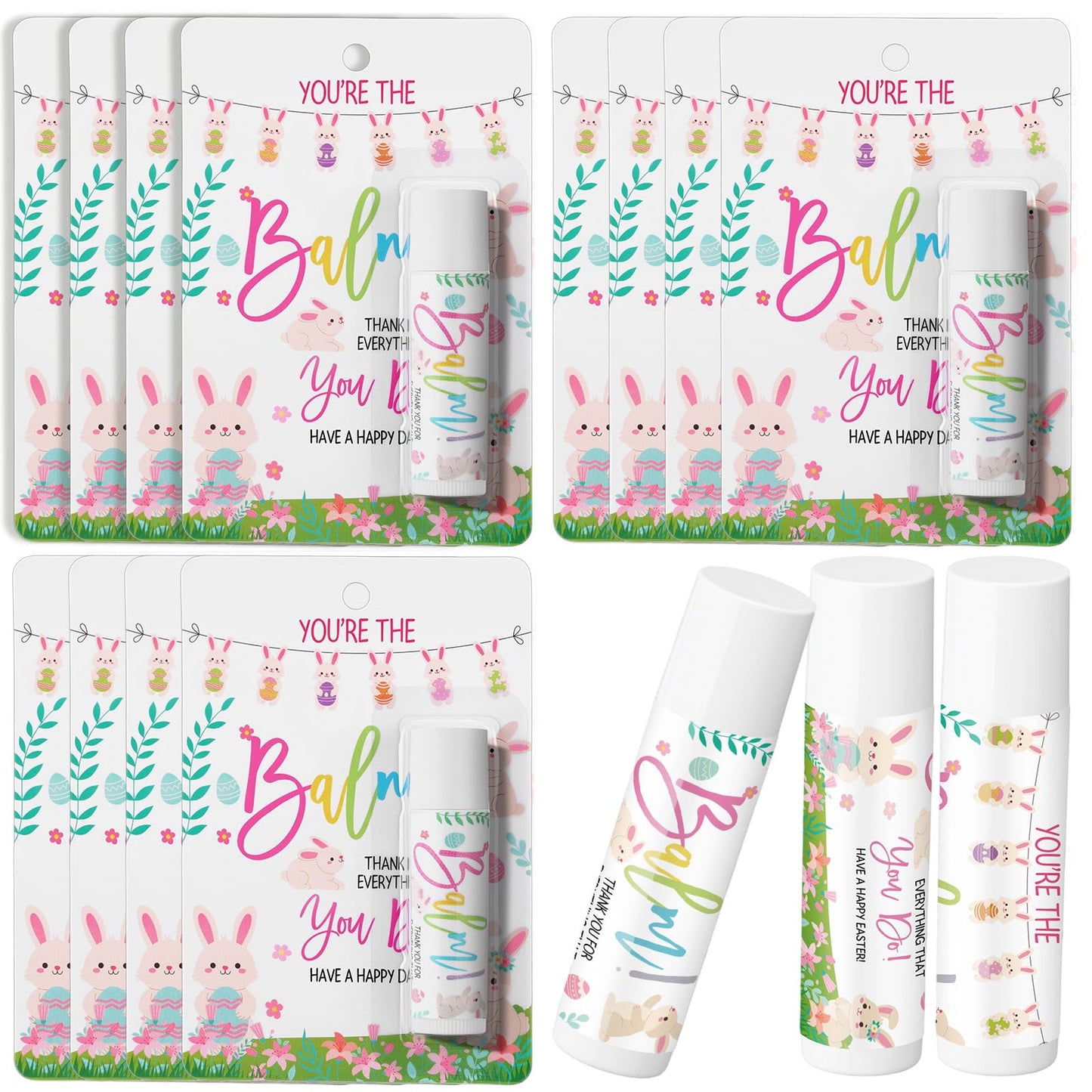 48 Pack Easter Basket Stuffers Lip Balm Gifts Bulk Easter Basket Fillers Party Favors for Adults Women Teacher Coworkers Thank You Gift Set You're the Balm Moisturizing Lip Care (Bunny)