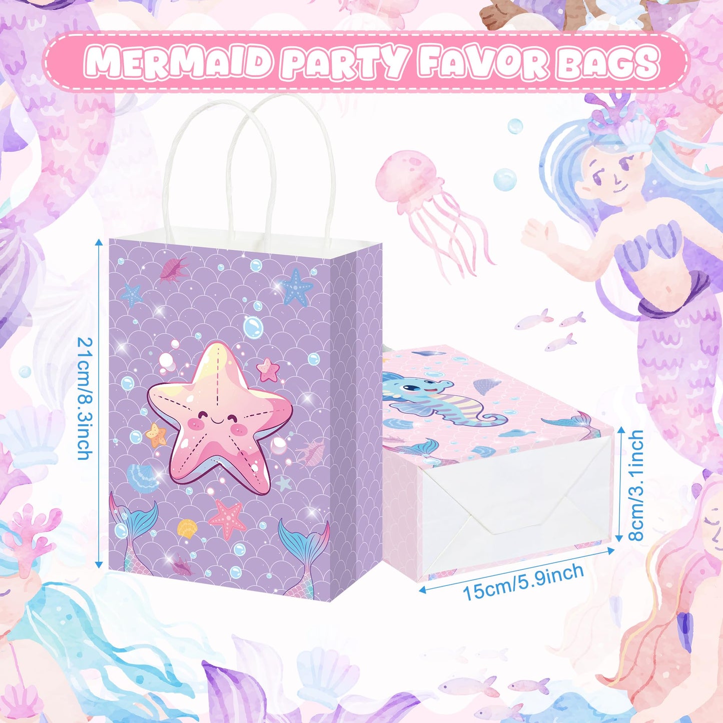 Pineraap 24Pcs Ocean Animals Party Favor Bags with Handles, Mermaid Gift Goodie Treat Paper Bags, Under the Sea Theme Gift Paper Bag for Girls Boys Kids Birthday, Mermaid Theme Party, Baby Shower