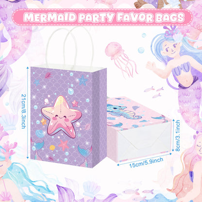 Pineraap 24Pcs Ocean Animals Party Favor Bags with Handles, Mermaid Gift Goodie Treat Paper Bags, Under the Sea Theme Gift Paper Bag for Girls Boys Kids Birthday, Mermaid Theme Party, Baby Shower