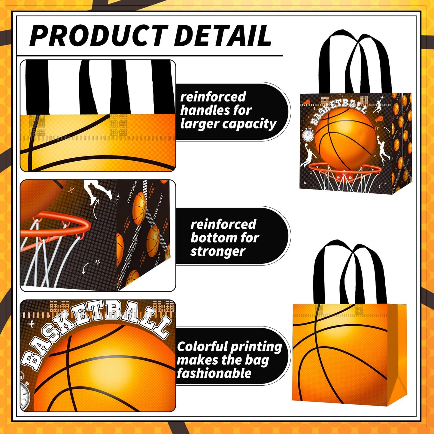 Basketball Party Favors Bags 12PCS Basketball Birthday Party Supplies Basketball Goodie Bag with Handles Sport Sport Ball Non-woven Candy Treat Snack Bags for Birthday Retirement All Star Party Decor
