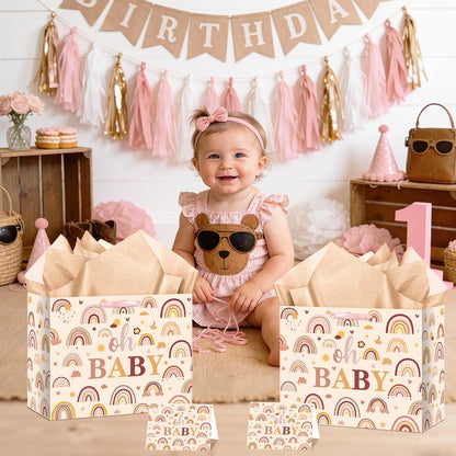 Woosytoo Boho Rainbow Baby Gift Bag for Girls, Hippie Boho Baby Shower Wrapping Paper Bag with Tissue Paper and Card for Little One Congratulations Gifts Gender Reveal Newborn Party Favors