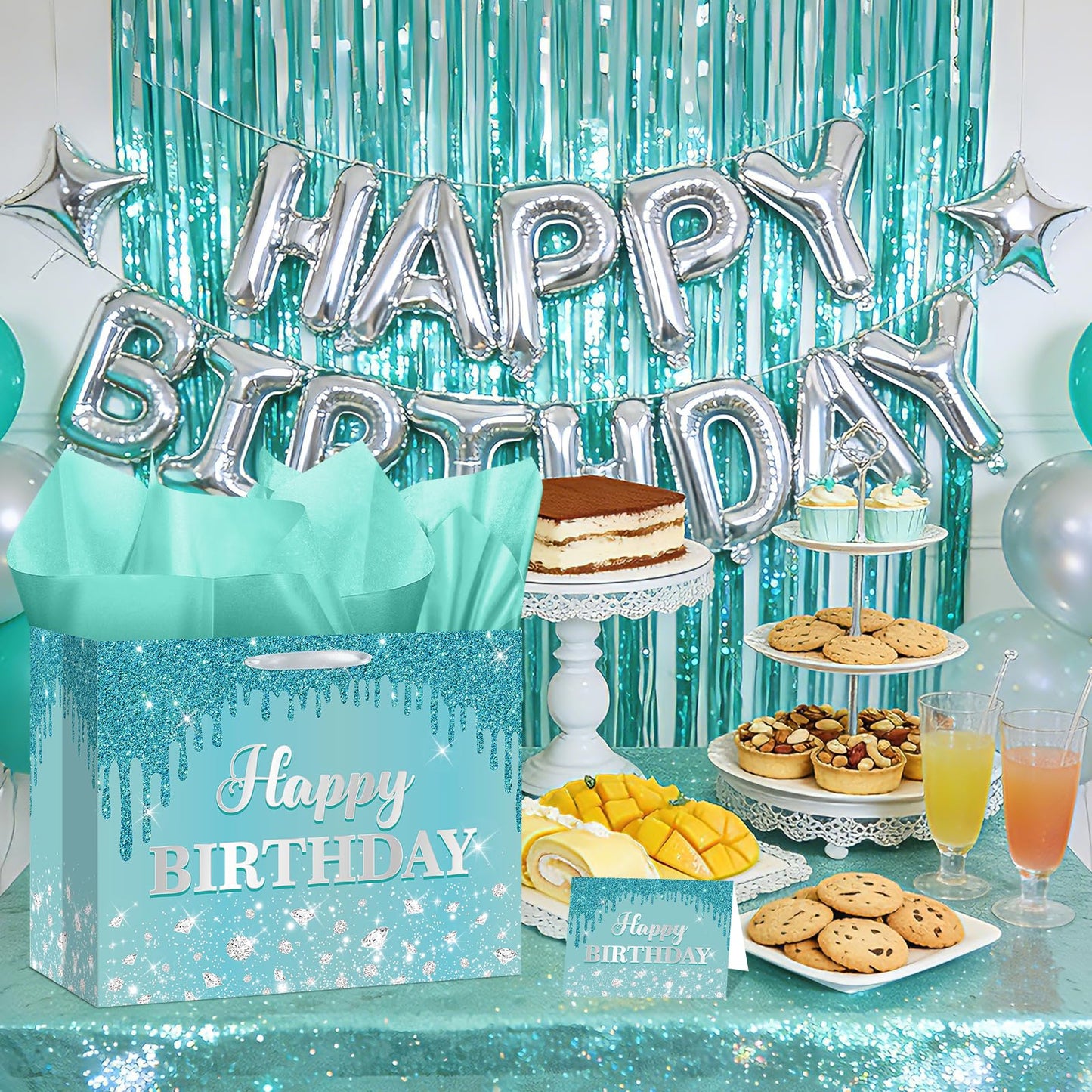 Yoirrat Teal Blue Birthday Gift Bag for Girls Women Large Glitter Happy Birthday Bag with Wrapping Tissue Paper and Card for Ice Princess Ocean Bday Party Supplies Present