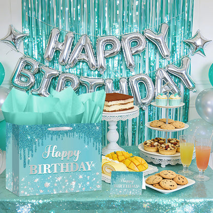 Yoirrat Teal Blue Birthday Gift Bag for Girls Women Large Glitter Happy Birthday Bag with Wrapping Tissue Paper and Card for Ice Princess Ocean Bday Party Supplies Present