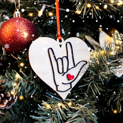 Wooden Christmas Ornaments Sign Language Ornament, I Love You Heart, Christmas Ornament, American Sign Gift (LSO25)
