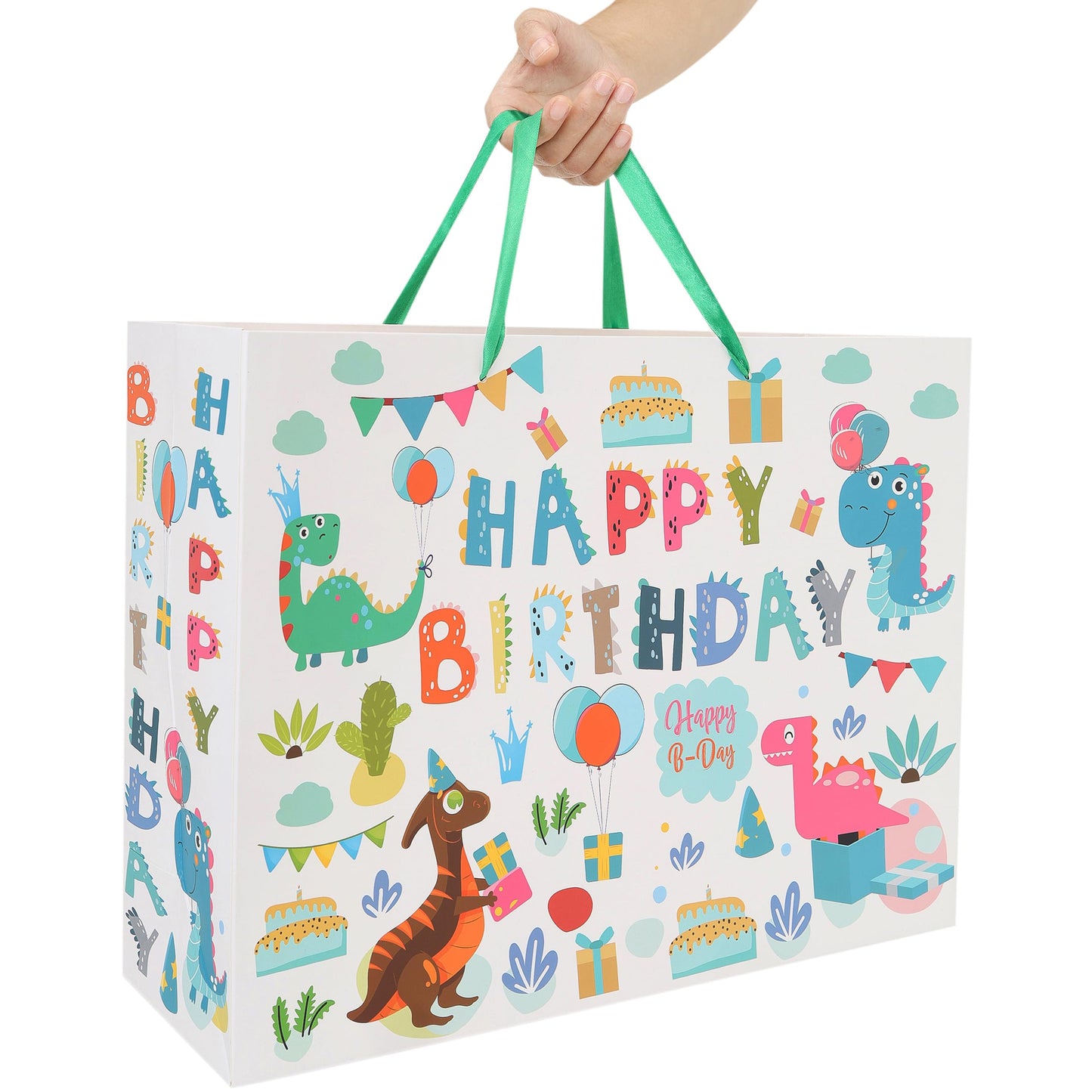 16.5” Extra Large Dinosaur Happy Birthday Gift Bag Set with Handles, Greeting Card, Tissue Papers and Stickers for 1st Birthday 2 Year Old Boys’, Girls', or Kids' Party, Newborn, New Moms or Parents, 1 Pcs