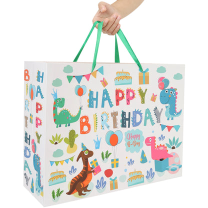 16.5” Extra Large Dinosaur Happy Birthday Gift Bag Set with Handles, Greeting Card, Tissue Papers and Stickers for 1st Birthday 2 Year Old Boys’, Girls', or Kids' Party, Newborn, New Moms or Parents, 1 Pcs